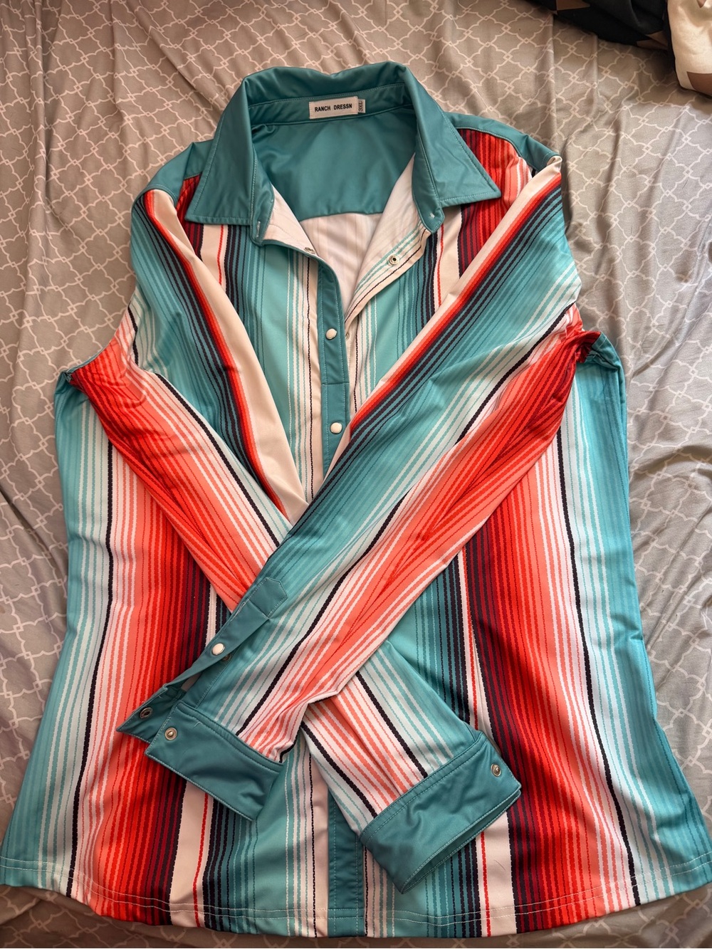 Striped Button-Front Shirt in Turquoise & Coral - Ranch Dressn